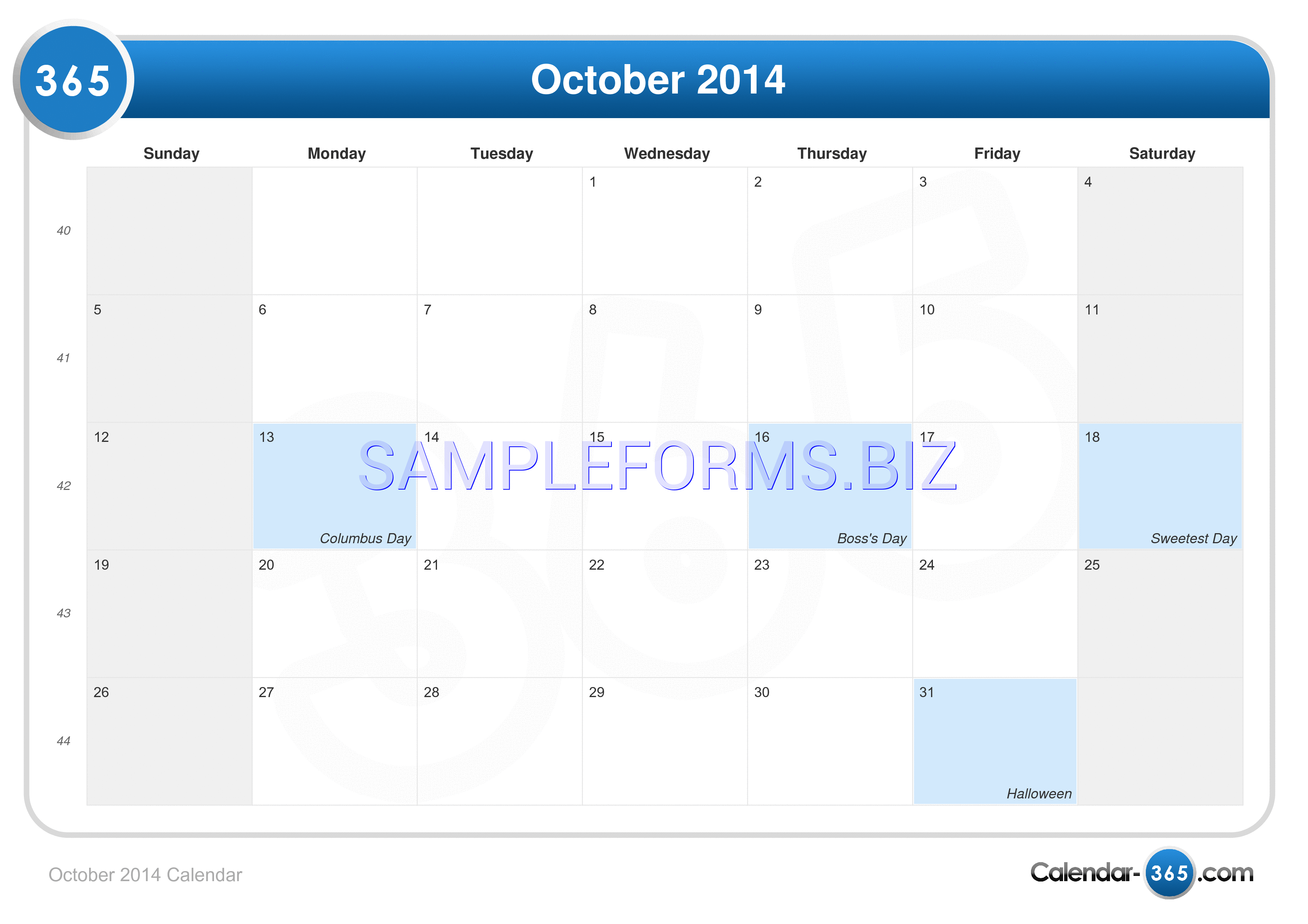 Preview free downloadable October 2014 Calendar 3 in PDF (page 1)